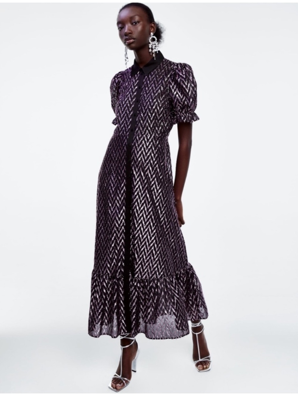 Zara Sparkly Metallic Maxi Button Down Shirt Dress NEW NWT - Picture 3 of 7